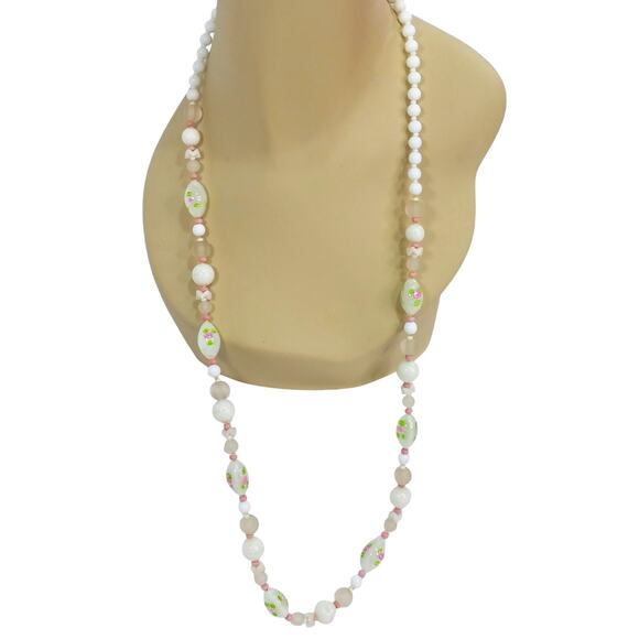 Vintage Milk Glass Necklace 34 Inch Length Floral Painted Murano Style Feminine - Picture 3 of 10